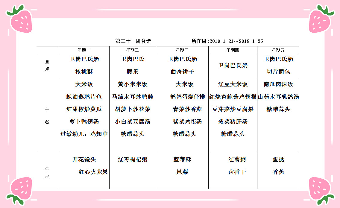 2018-2019学年度第一学期第二十一周食谱